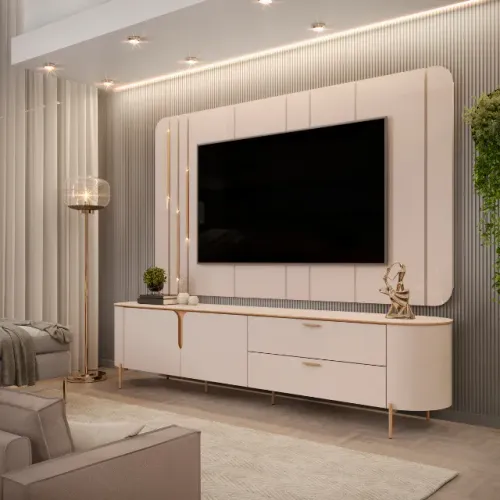 BANCADA COM PAINEL ESTILO CLÁSSICO PARA TV ATÉ 75" - COM LED DOURADO