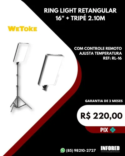 Ring light retangular 16" + tripé 2.10m Wetoke RL-16