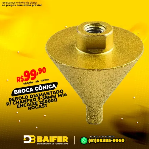 Broca Cônica Rebolo Diamantado Para Chanfro 9-38mm M14 Encaixe 2500011 Rocast
