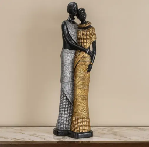 Escultura Casal Africana Dourado com Prata Artesanal moderno 33cm -Direto da Fabrica