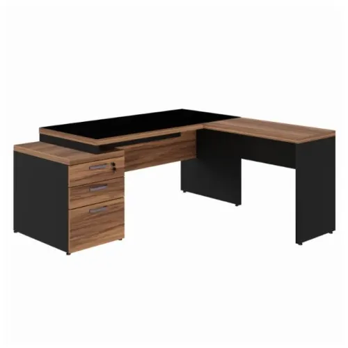 Mesa Escritório em L com Vidro Fumê 1,92x1,60 Nogal Sevilha Preto Sofisticação 21407