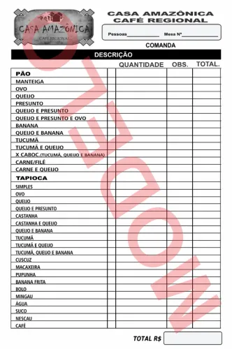 Comanda para cafés, lanches, restaurantes