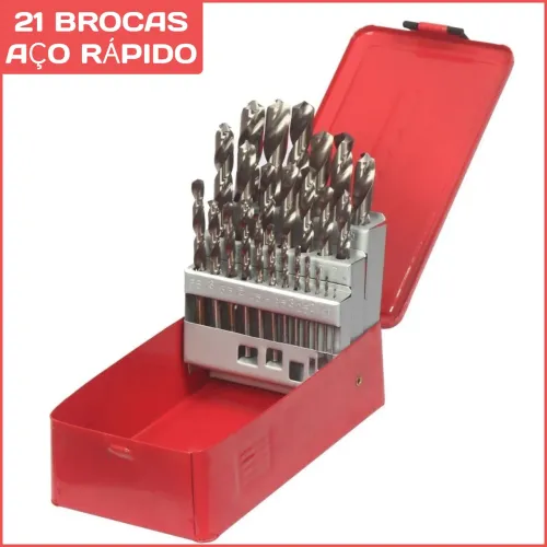 KIT 21 BROCAS AÇO RÁPIDO HSS COM MALETA METÁLICA 