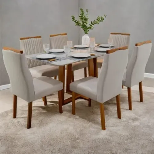 Mesa Pedro 160 Mel/Off White com 6 Cadeiras Gênova Veludo Marfim