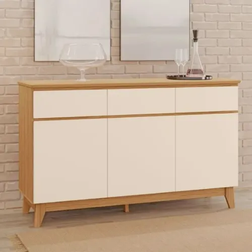 Buffet Tuboarte Dubai em MDF com 3 portas, 3 gavetas e pés retrô - Freijo e Off White