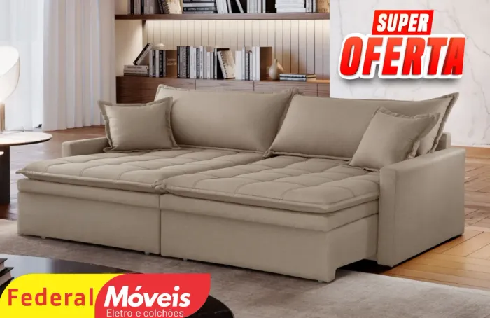 Sofá Cama Baú 2,10m Linho Premium - Temos Crediário 