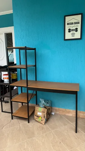 Mesa Escrivaninha 4 Prateleiras Preto Canela Branca Rústico