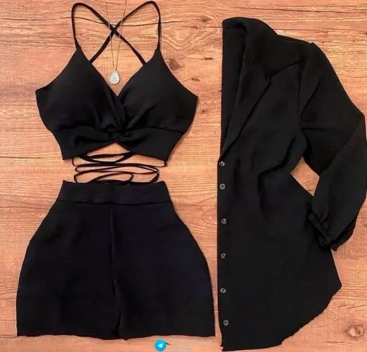 Conjunto Feminino Preto - Blazer Alongado + Cropped + Short