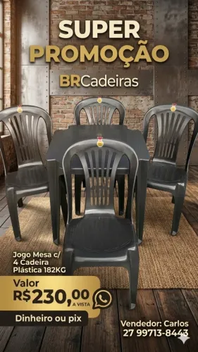 4 Cadeiras Plástico c/ Mesa 70x70 - Jogo Completo