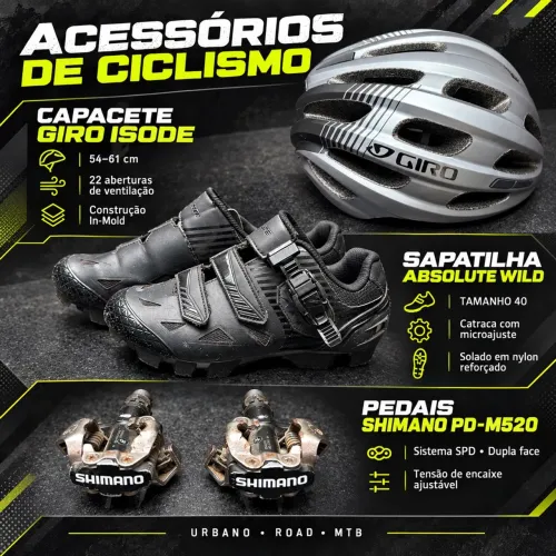Kit Ciclismo: Capacete Giro Isode + Sapatilha Absolute 40 + Pedais Shimano M520