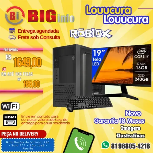 Computador Cpleto Intel Core i7 8GB de Memória SSD 240GB Monitor Led HDMI 19 Teclado Mouse