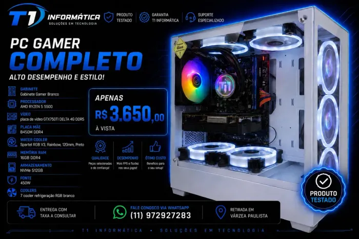 CPU COMPUTADOR GAMER RYZEN 5 5500, c/ Waltercooler 16 RAM, NVMe 512, placa vídeo 4G NOVO.