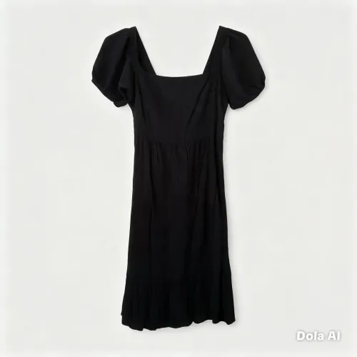 Vestido Preto Decote Quadrado Manga Balonê - Midi Leve e Soltinho