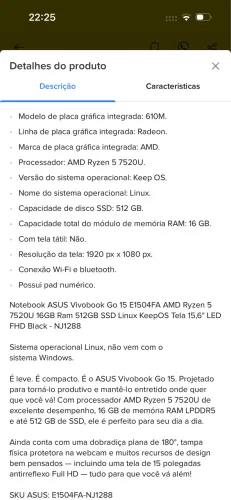 Notebook ASUS Vivobook Go 15 Ryzen 5 16GB RAM 512GB SSD