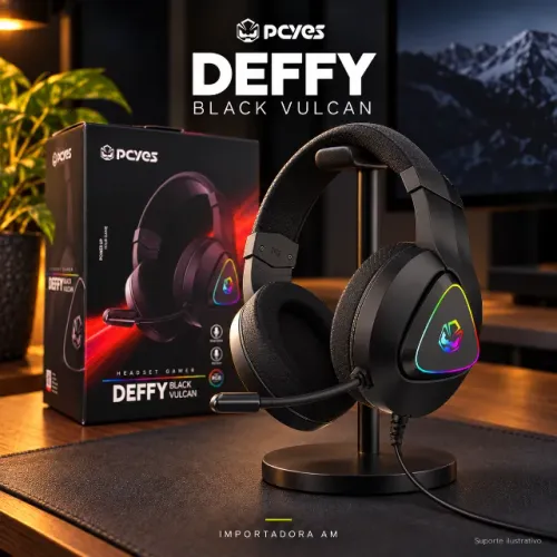 Headset Gamer PCYES Deffy Black Vulcan USB RGB ? Drivers 50mm e Microfone | R$119,00