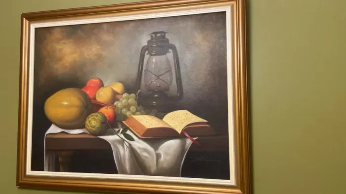 Quadro pintura frutas livro moldura