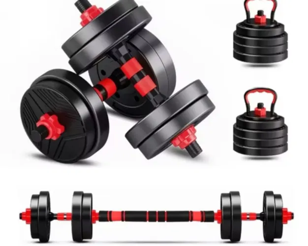 Kit 6 Em 1 Musculação 15kg Halteres<br>Anilhas Barras Kettlebell Ajustáveis Academia