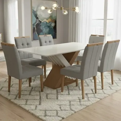 Mesa Graviola BA29 160 Canela/Off White com 6 Cadeiras Sophia Linho ou Veludo 