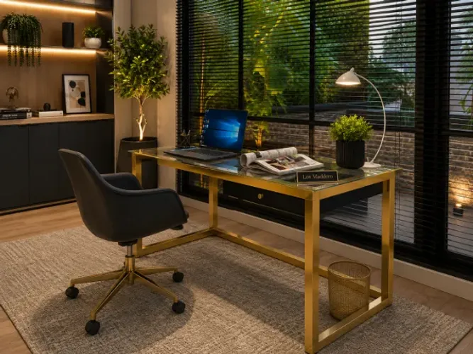 Mesa de Escritório Gold Delluxe. Em Madeira Maciça e Vidro 8mm. L105 x P50cm x A74cm.