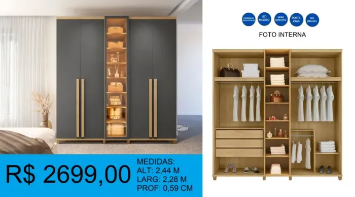 GUARDA- ROUPA - 2 CORES DISPONIVEL - LED INCLUSO-VIDRO REFLECTA= PRONTA ENTREGA