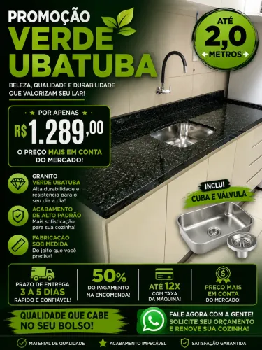     Pia em Granito Verde Ubatuba até 2,0m - R$ 1.289
