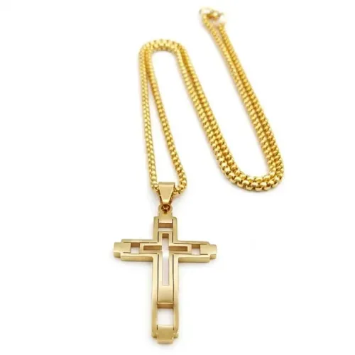 Cordão Masculino em Aço Inoxidável Dourado 60cm com Pingente Cruz Vazada