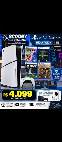 PS5 SLIM MÍDIA FÍSICA 1 TB SEMINOVO 1 CONTROLE,4 JOGOS, GARANTIA 1 ANO, LOJA