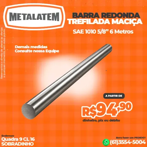 Barra Trefilada Redonda Maciça 5/8" Aço SAE 1010 - 6 Metros