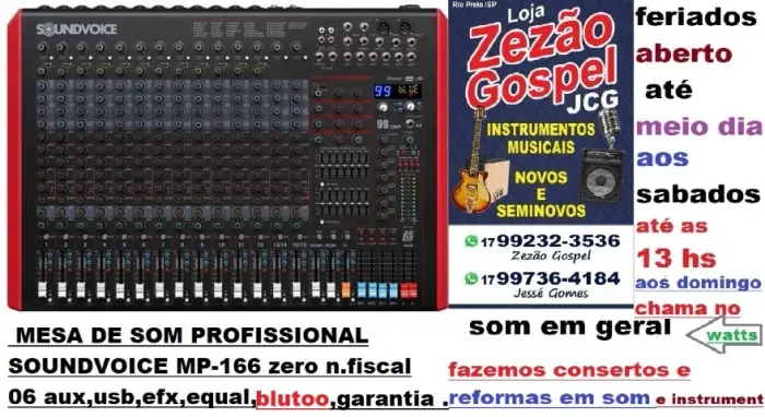 Mesa de som Soundvoice MP-166 com 16 canais, 6 auxiliares, USB, EFX e equalizador- Fazemos