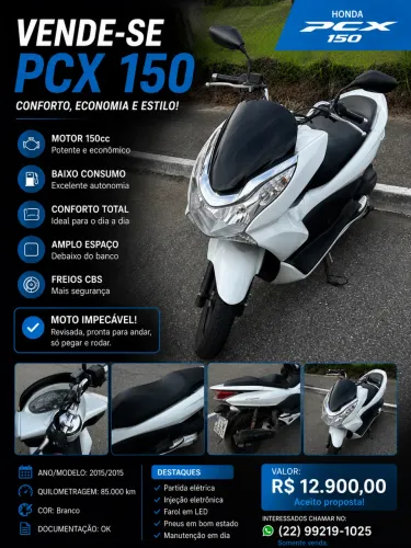 Vendo Honda PCX 150, ano/modelo 2015, na cor branca.