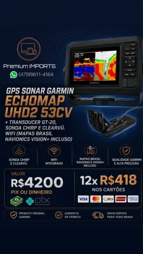 GPS Sonar Garmin Echomap UHD2 53CV + Transducer GT-20, com Mapas Brasil Navionics Vision+