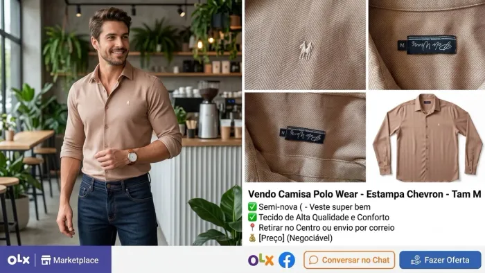 Camisa Social/Polo Manga Longa Polo Wear Nude/Bege - Tamanho M