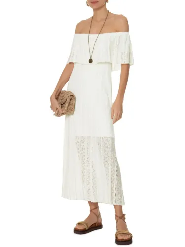 Vestido Tricot Ombro a Ombro Rendado Off White Maria Filo Tam M