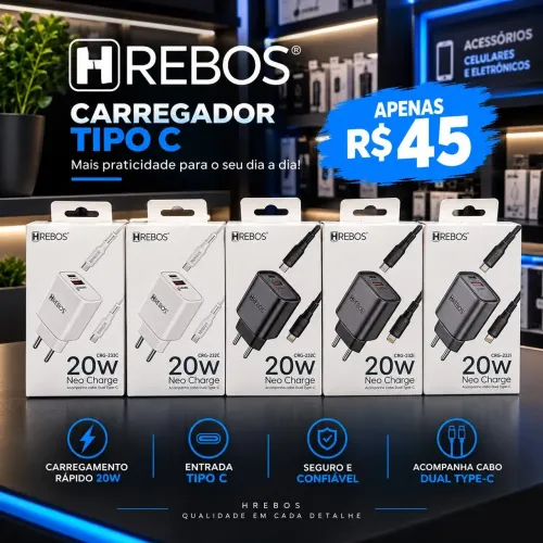 Carregador Turbo 20W Hrebos Neo Charge + Cabo 1m (Dupla Saída USB + Tipo-C) - Novo Lacrado