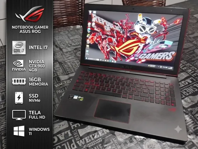1Notebook Gamer Asus ROG I7, GTX 960M 4gb, 16gb de RAM, SSD NVme 256 GB, tela 15,6 Full HD