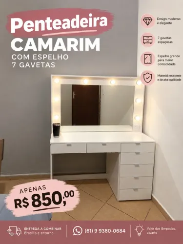 Penteadeira Camarim Branca com Espelho e 7 Gavetas ? R$ 850,00