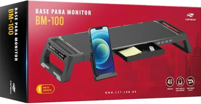 ase para Monitor C3Tech BM-100BK, Preto, Possui Hub USB embutido com saídas 4 x USB 2.0,