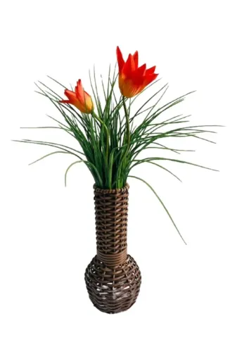 Vaso De Junco Com 28 Cm Altura + Tulipas Artificiais