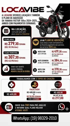 Aluguel de motos a partir de 39,99 (diária)