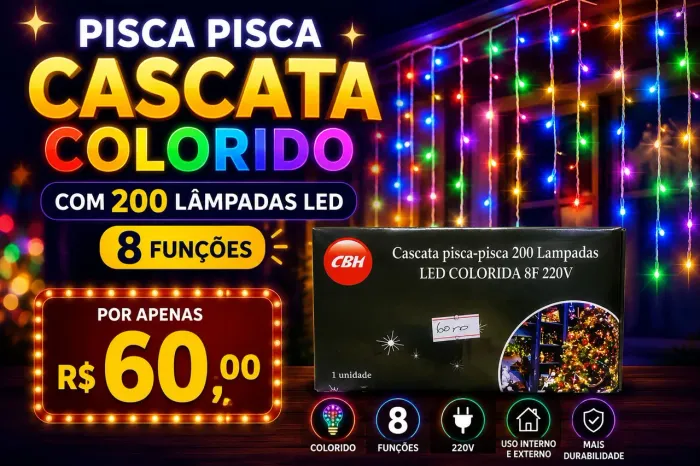 Pisca pisca cascata colorido com 200 lâmpadas led 8 funções