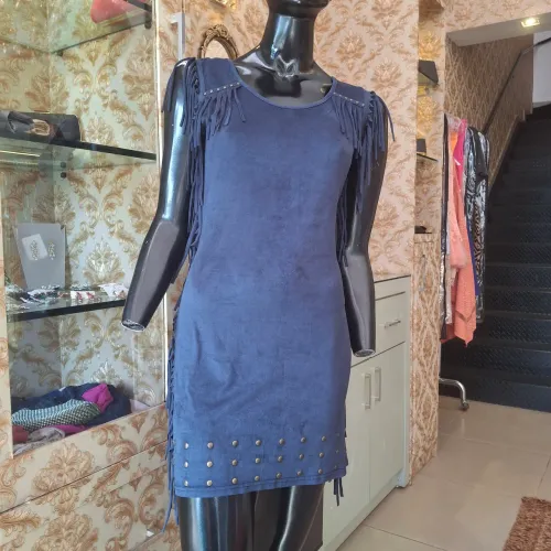 Vestido Country azul-marinho com franjas 