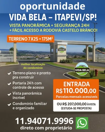 Terreno no Condomínio Vida Bela - Itapevi/SP!  Vista panorâmica + segurança 24h 