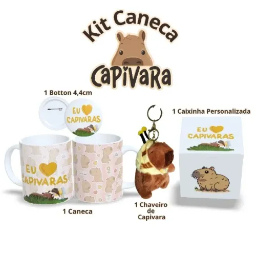 Kit Capivara - Caneca de Porcelana, Botton, Pelúcia de Capivara e Caixa Personalizada