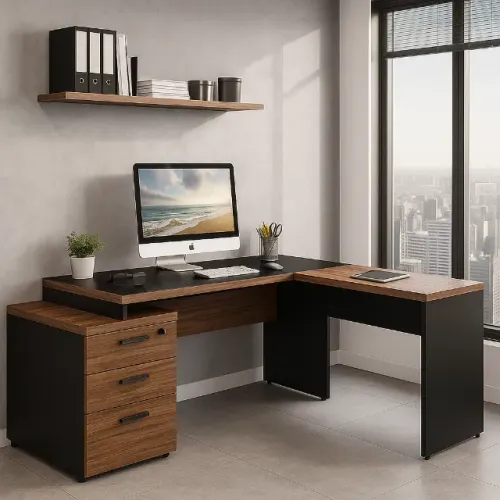 Mesa Escritório em L Vidro Fumê 1,92x1,60 Nogal Sevilha Preto Ampla Produtividade 21407