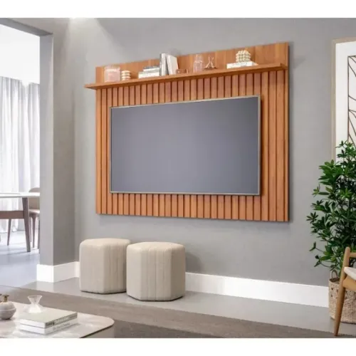 Painel Home p/TV até 70 Pol Trend 100% mdf Ripado c/ Prateleira 180x135cm Nature 