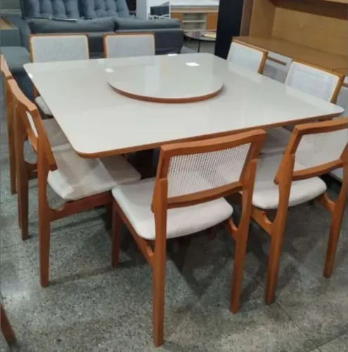 Mesa de jantar 150x150 8 cadeira em madeira maciça com vidro eldora 