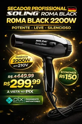 Secador Soling Roma Black 2200W Profissional - Alto Desempenho para Salão