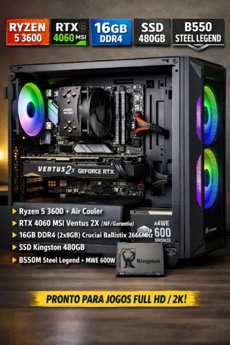 PC Gamer Ryzen 5 3600 + RTX 4060 MSI (NF/Garantia) | 16GB | SSD | B550