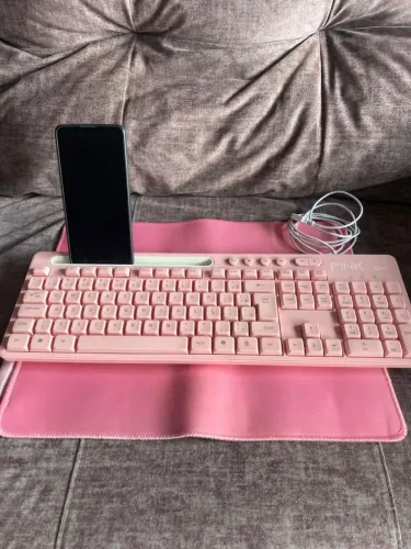 Teclado de computador rosa com suporte para o celular + tapete mouse pad Rosa super frame 