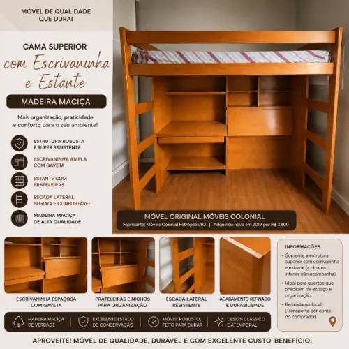 Cama suspensa com escrivaninha e estante 